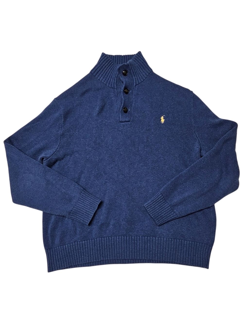 Ralph Lauren Navy Knit Button-Neck Sweater with Yellow Pony